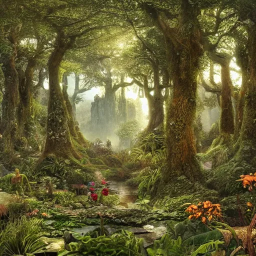 Image similar to a beautiful and highly detailed matte painting of a magical fantasy garden in a lush forest, intricate details, epic scale, insanely complex, 8 k, sharp focus, hyperrealism, by caspar friedrich,