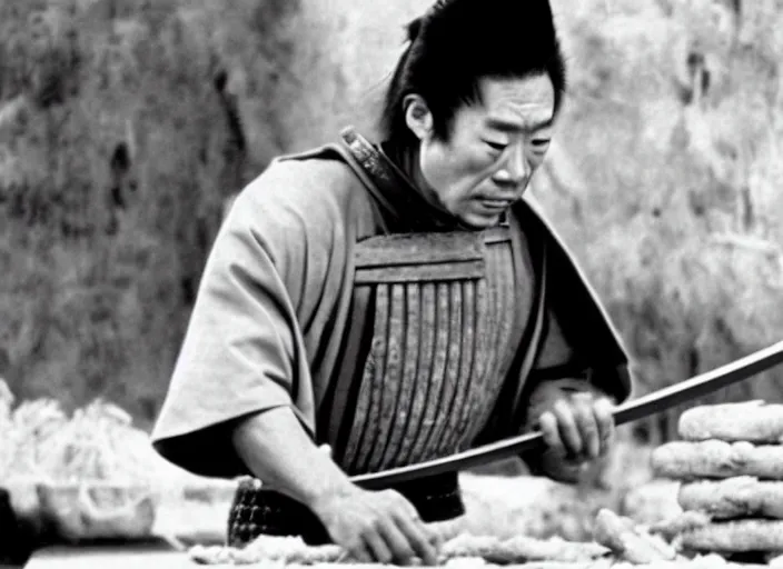 Image similar to a movie still of a samurai slicing through a loaf of bread, a movie by Akira Kurosawa