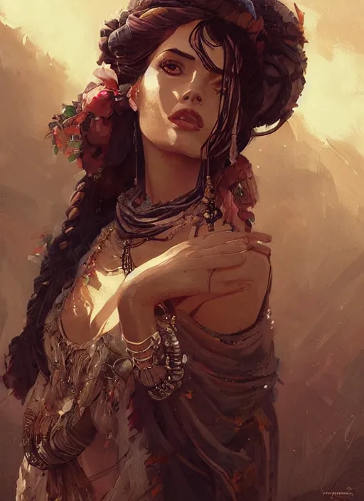 Prompt: a professional painting of an gypsy woman intricate, elegant, digital painting, concept art, smooth, sharp focus, finely detailed illustration, beautifully framed, from Metal Gear, in the style of Artgerm and Greg Rutkowski and William-Adolphe Bouguerea