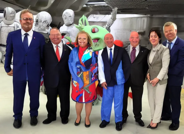 Prompt: a politician photo op with galactic aliens