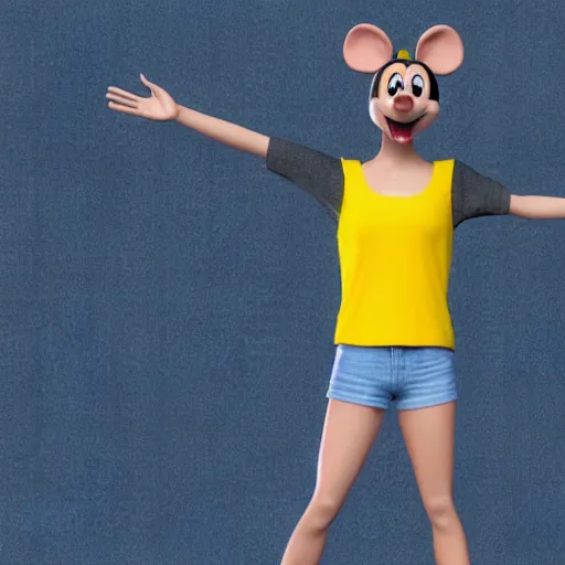 Image similar to 3 d render, portrait, upper body shot, mid shot, anthropomorphic mouse, female, wearing denim short shorts and a off yellow tank top shirt, in the style of disney's robben hood