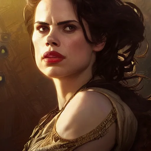 Prompt: Hayley Atwell as a character in Diablo 3, gorgeous, beautiful, intricate, highly detailed, digital painting, artstation, oppressive lighting, concept art, sharp focus, illustration, art by greg rutkowski and alphonse mucha