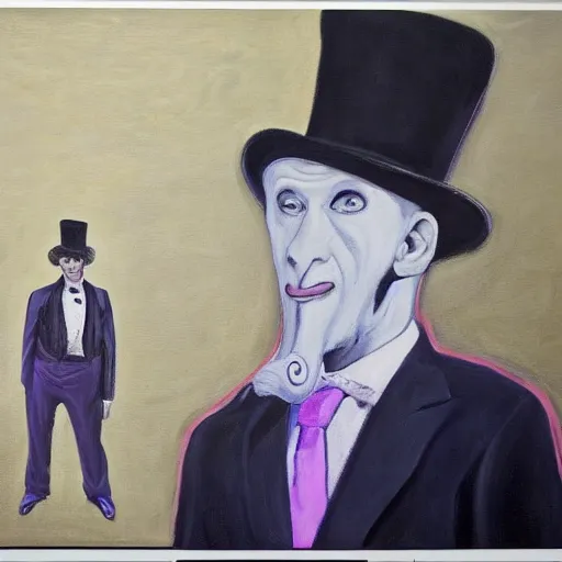 Prompt: in an art gallery, there is a huge painting of an elephant by marlene dumas. a man in a top hat and a suit is looking up at the painting. cgsociety, surrealism, surrealist, dystopian art, purple color scheme