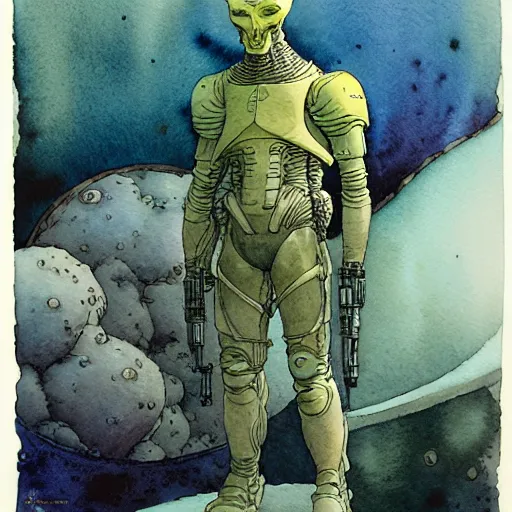 Image similar to a simple and atmospheric watercolour portrait of a pulp sci - fi alien soldier, very muted colors, by rebecca guay, michael kaluta, charles vess and jean moebius giraud