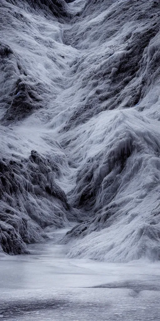 Image similar to dream looking through a hyper realistic photograph of a frozen icy canyon, minimal structure, misty, raining, meditative, timed exposure, icelandic valley, river, in the style of reuben wu, roger deakins