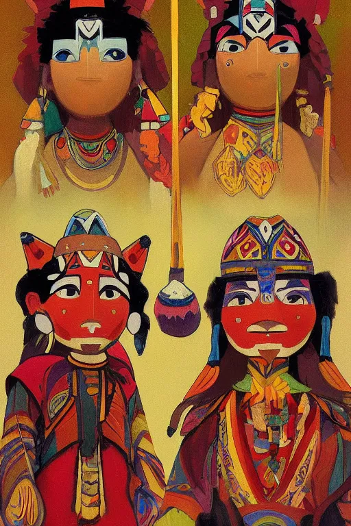 Prompt: A beautiful painting of Hopi kachina dolls, symmetrical features, cinematic lighting, soft bokeh, fantasy, modern, colourful, highly detailed, digital painting, artstation, deviantart, concept art, sharp focus, illustration, by alphonse mucha and Edward Hopper