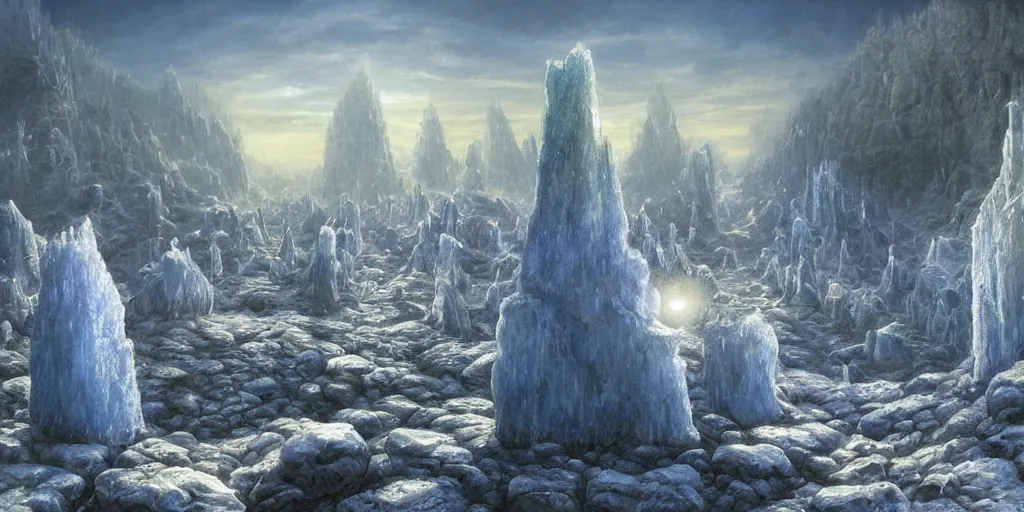 Prompt: Fantastical open landscape by Ted Nasmith, giant crystals, frost, iridescent, digital painting, concept art, landscape