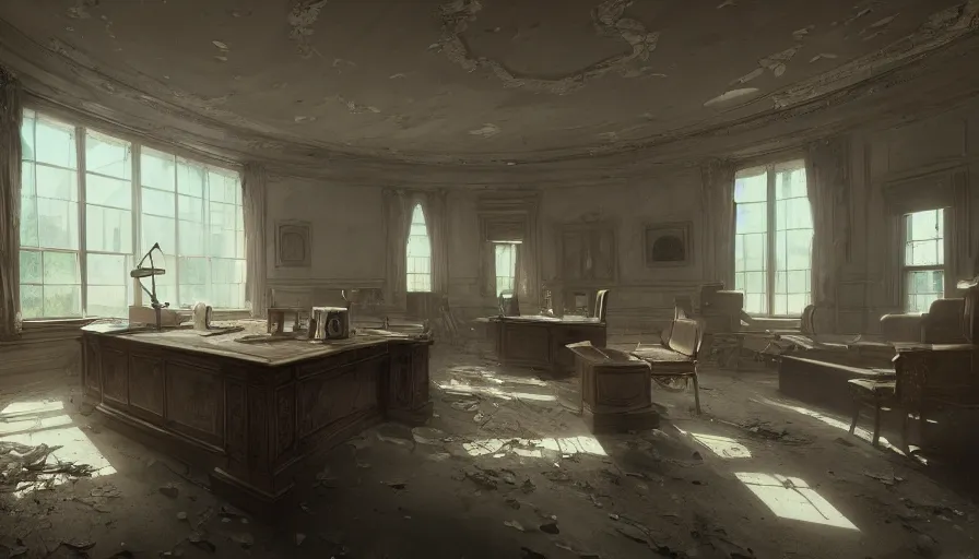 Prompt: abandoned dusty oval office with lights through broken windows, hyperdetailed, artstation, cgsociety, 8 k