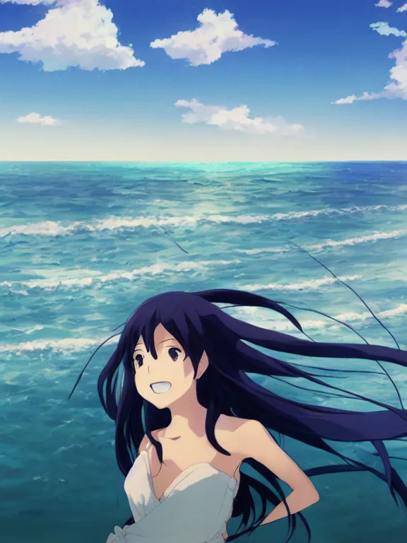 Prompt: Portrait of a happy anime woman on the beach near the ocean, by makoto shinkai