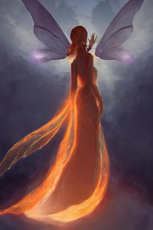 Prompt: Backview of the Flame Fairy Goddess in an Arcane Dress, atmospheric, volumetric lighting, realistic, illustration, fantasy, magic, arcane energy, ultra detailed