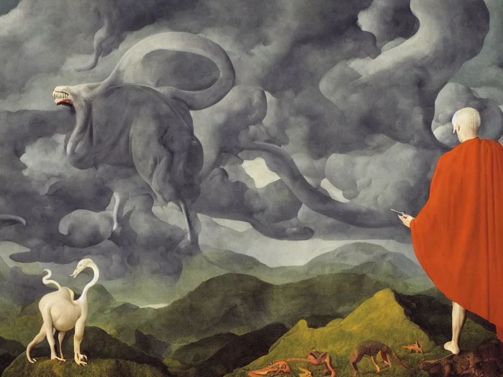 Image similar to albino mystic, with his back turned, looking at a storm over over the mountains in the distance, with dinosaur. Painting by Jan van Eyck, Audubon, Rene Magritte, Agnes Pelton, Max Ernst, Walton Ford