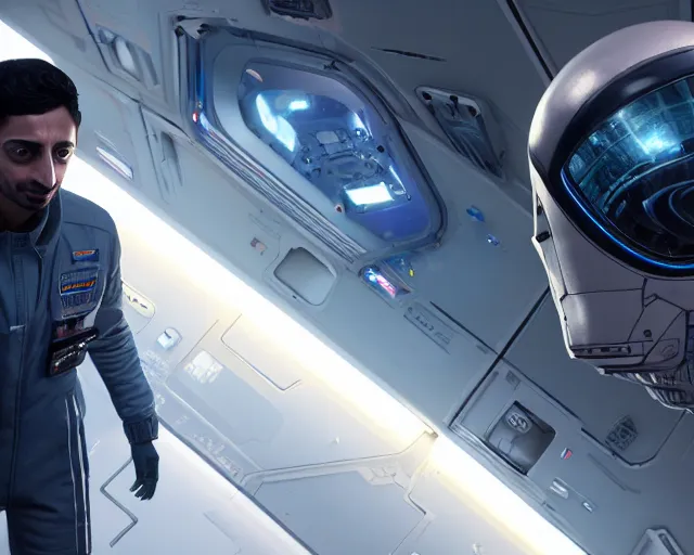 Image similar to highly detailed portrait of riz ahmed as an android in a space shuttle, in detroit : become human, stephen bliss, unreal engine, fantasy art by greg rutkowski, loish, rhads, ferdinand knab, makoto shinkai and lois van baarle, ilya kuvshinov, rossdraws, tom bagshaw, global illumination, radiant light, detailed and intricate environment