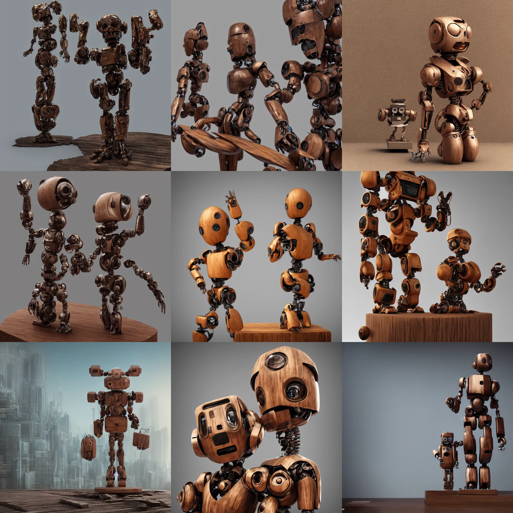 Prompt: 3 d octane render 8 k photorealistic hyper detailed a wooden statue on a pedestal cute robot wooden, cyberpunk concept art contemporary art gallery