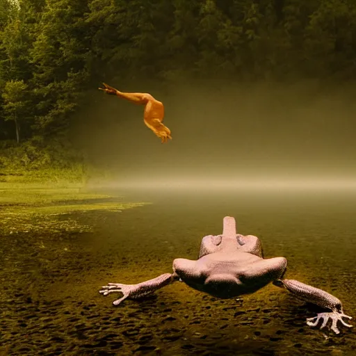 Image similar to semitranslucent smiling frog amphibian flying upside down over misty lake in Jesus Christ pose, cinematic shot by Andrei Tarkovsky, paranormal, spiritual, mystical