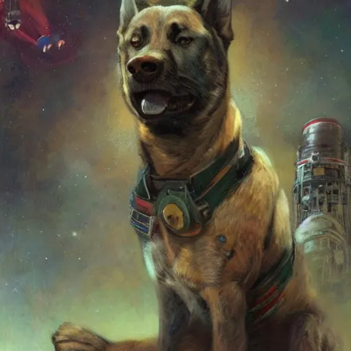 Prompt: a portrait of the soviet space dog program, artwork by gaston bussiere, craig mullins, trending on artstation, husky