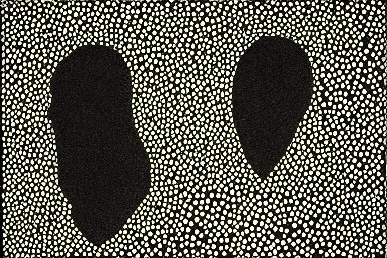 Image similar to black figure with white eyes, faceless people dark, dots, drip, stipple, pointillism, technical, abstract, minimal, style of francis bacon, asymmetry, pulled apart, cloak, hooded figure, made of dots, abstract, balaclava, colored dots