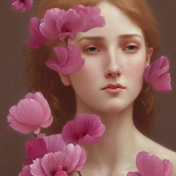 Image similar to pink petals with a shape of a human body, intricate, elegant, highly detailed, wonderful eyes, sweet, digital painting, artstation, concept art, smooth, sharp focus, illustration, art by artgerm and greg rutkowski and alphonse mucha and william - adolphe bouguereau