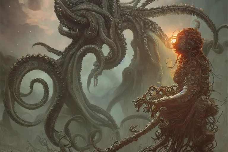 Image similar to a lovecraftian painting of cthulhu rising, cosmic horror elements, ultra realistic, concept art, intricate details, eerie, highly detailed, photorealistic, octane render, 8 k, unreal engine. art by artgerm and greg rutkowski and alphonse mucha