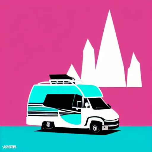 Image similar to vector art of a white and black cute thor chateau! motorhome camper!!, highway, mountains and colorful sunset!!, very happy, minimal vector art sticker!! by tom whalen, sanja stikovic