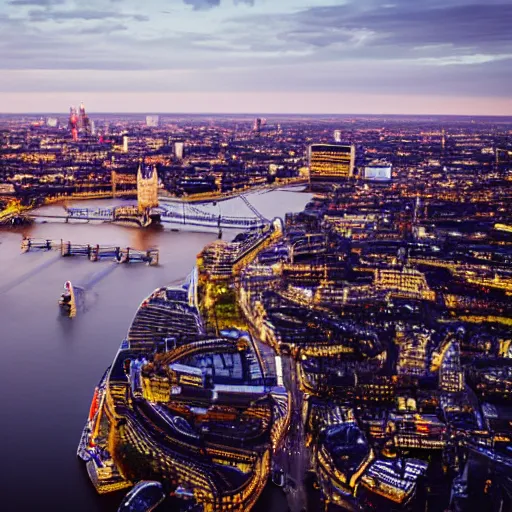 Prompt: London eye, satellite view, golden hour, highly detailed