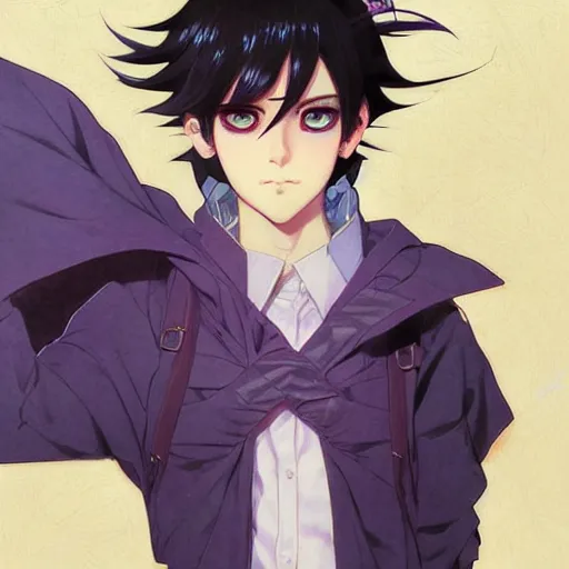 Image similar to small boy with black hair and blue purple eye, school uniform, anime style, hyper detailed, illustration, digital painting, art by artgerm and greg rutkowski and alphonse mucha, high delicate defined details, anime stylized, highly detailed, realistic, sharp focus