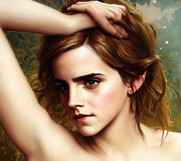 Image similar to photography emma watson with hands - up and hairy armpits, deep focus, intricate, elegant, highly detailed, digital painting, artstation, concept art, matte, sharp focus, illustration, art by artgerm and greg rutkowski and alphonse mucha and gil elvgren