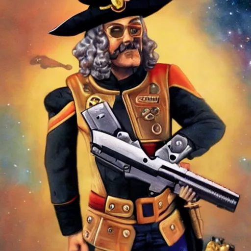 Prompt: A space pirate captain holding a futuristic luger pistol