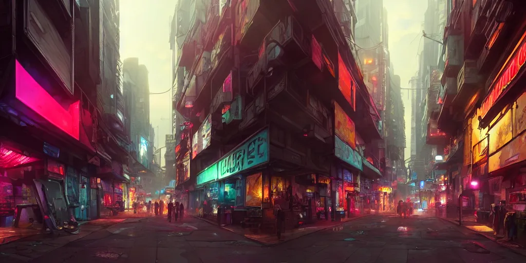 Image similar to Wide angle shot of a matte painting environment design of future city alley with neon lights and advertisements, artstation, ultra realistic, volumetric lighting, 8k, unreal engine, octane render, art by Artgerm and Greg Rutkowski and Alphonse Mucha and Yoji Shinkawa