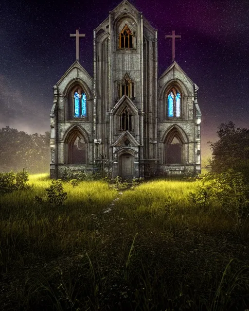 Prompt: a beautiful hyperdetailed highly detailed abandoned urbex industrial architecture building church nature architecture unfinished building city by beeple, at night otherworldly meadow, archdaily, wallpaper, highly detailed, trending on artstation.