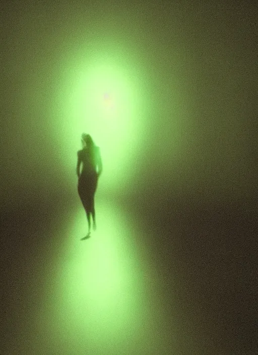 Image similar to a thin female silhouette walking, astral projection, green glowing aura, out of body, film grain, cinematic lighting, experimental film