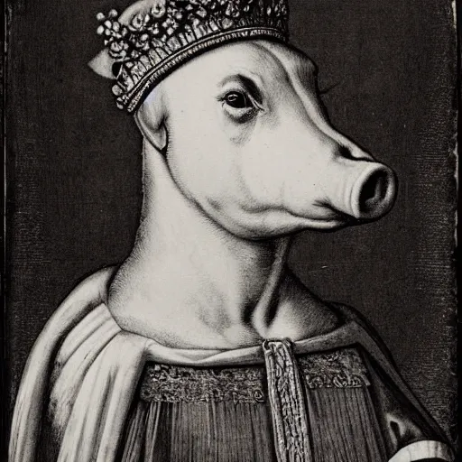 Image similar to a renaissance style portrait of a pig (Sus domesticus) wearing a crown and a cape, dark background