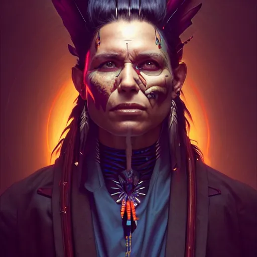 Prompt: portrait painting of a cyberpunk corporate boss native american, ultra realistic, concept art, intricate details, eerie, highly detailed, photorealistic, octane render, 8 k, unreal engine. art by artgerm and greg rutkowski and charlie bowater and magali villeneuve and alphonse mucha