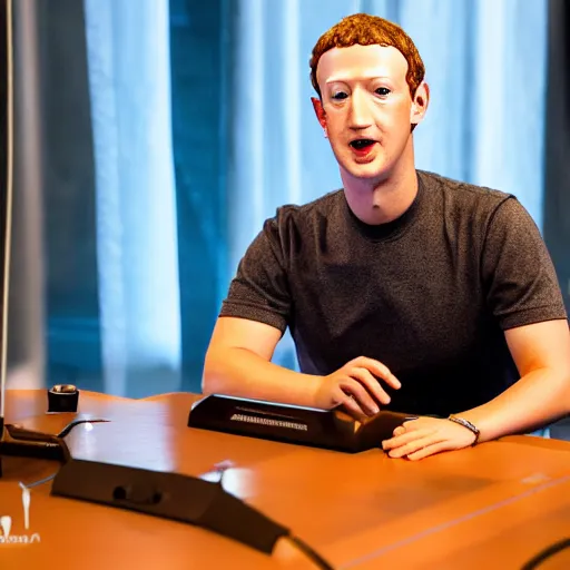 Image similar to animatronic Mark Zuckerberg, exposed mechanics, board meeting photo, Stan Winston studios, detailed, 4k