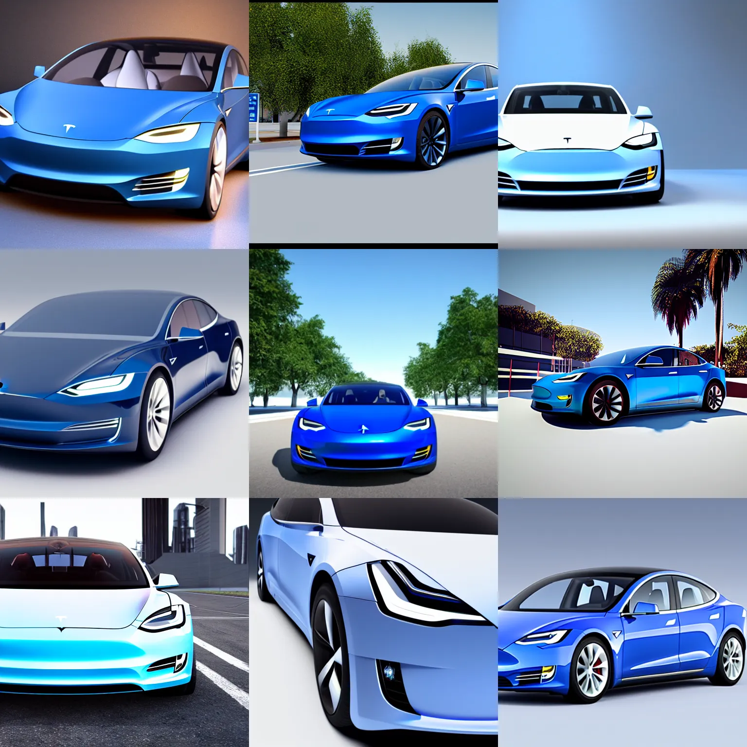 Prompt: a front view of a blue tesla car on a white background, unreal engine 3 d rendering