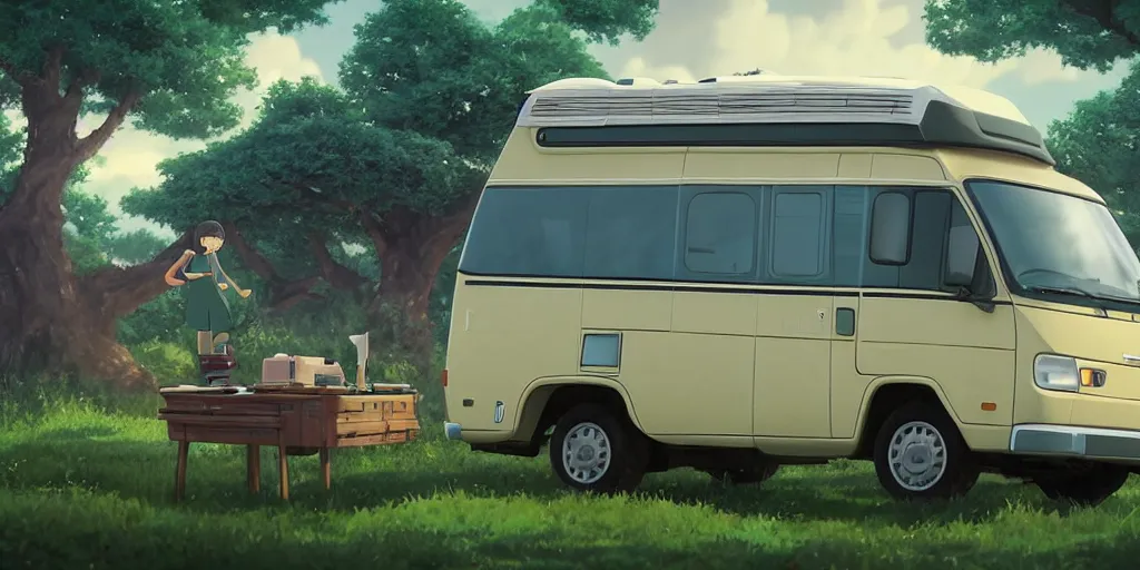 Image similar to a wholesome animation key shot of one!! focused!! 1 9 9 4 fiat hymer motorhome!! in the! romanian countryside!, medium shot, studio ghibli, ( pixar ) and disney animation, sharp, very detailed, high resolution, rendered in unreal engine 5, anime key art by greg rutkowski, bloom, dramatic lighting