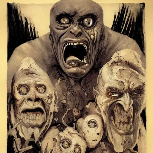 Image similar to horrific monster makeup grinning one-eyed grimpunk vile reprobate portrait portrait Cyclops Cyclops Polyphemus nosferatu with tombow norman rockwell greg rutkowski frank frazetta alexandre briclot Dave Dorman splatterpaint