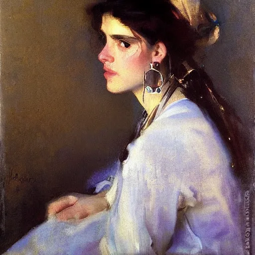 Prompt: portrait of gypsy girl, large silver round earrings, painted by john singer sargent, jeremy lipking, jeremy mann