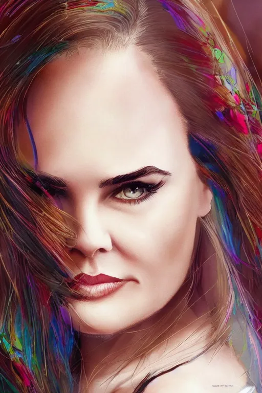 Prompt: mix of beautiful young maria shriver, mariel hemmingway, brooke shields, nicole kidman and elle macpherson as a snake, thin lips, hair tied up in a pony tail, dark blonde hair, colorful, artstation, cgsociety