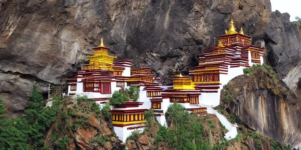 Image similar to Tibetan Buddhist monastery built inside of steep rock cliff, , highly detailed, hyper realistic