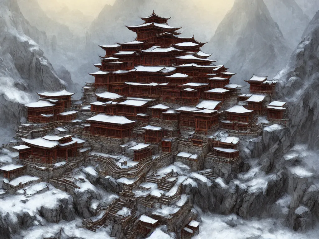Prompt: shaolin monastery on snowy mountain, artstation, by frank frazetta, concept art, digital art, cool color palette, 8 k, sad, incandescent, cinematic lighting, ray tracing ambient occlusion, in a symbolic and meaningful style, insanely detailed and intricate, hypermaximalist, elegant, ornate, hyper realistic, super detailed
