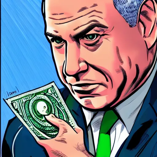 Image similar to Portrait of Benjamin Netanyahu as a green money superhero, by Jim Lee, Jack Kirby, highly detailed, clean, wallpaper