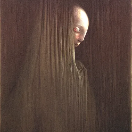 Image similar to beksinski, zdzisław - her eyes wide, oil on canvas