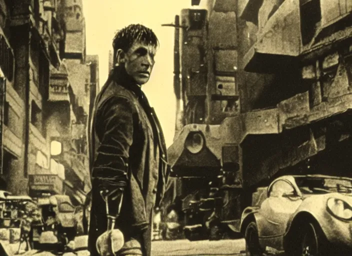 Prompt: scene from the 1912 science fiction film Blade Runner with the main character standing next to a vehicle