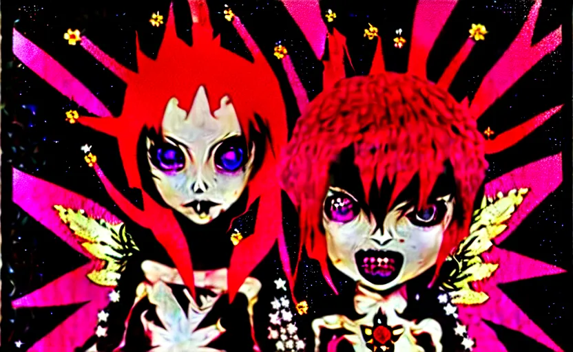 Image similar to spiked bloodmoon sigil stars draincore, goregrind album cover, baroque bedazzled gothic royalty frames surrounding a hellfire hexed witchcore aesthetic, dark vhs broken hearts, neon glyphs spiked pixelsort fairy kei decora doll by guro manga artist shintaro kago