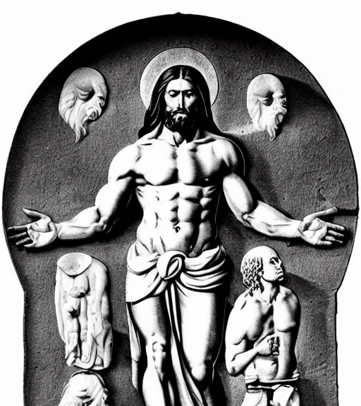 Prompt: muscular gigachad benediction, gigachad jesus, pointing to heaven with two fingers, stone relief, holy iconography, grayscale