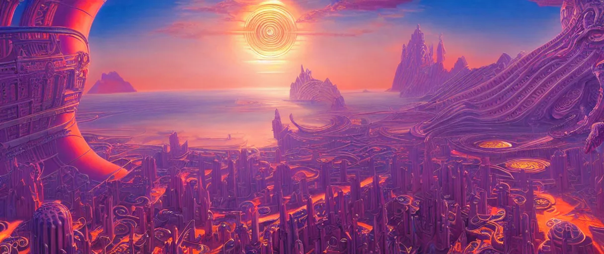 Image similar to hyperrealistic ornate sky city of atlantis on giant orange and purple cyborg tentacles matte painting concept art alex grey kay sage sorayama cinematic soft red lighting high angle hd 8k sharp shallow depth of field