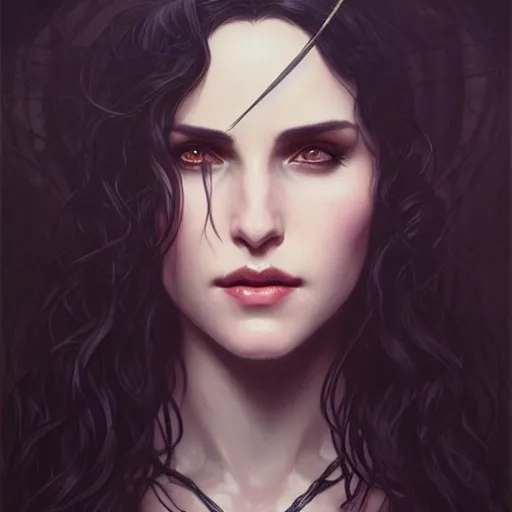 Image similar to portrait of a Yennefer from the Witcher, D&D, fantasy, intricate, elegant, highly detailed, digital painting, artstation, concept art, matte, sharp focus, illustration, art by Artgerm and Greg Rutkowski and Alphonse Mucha