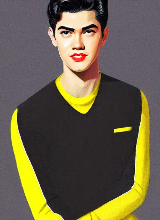 Image similar to portrait of young reggie mantle, mean smirk, egotistical, slicked back hair, striped yellow and black sweater, 1 9 5 0 s, intricate, elegant, glowing lights, highly detailed, digital painting, artstation, concept art, smooth, sharp focus, illustration, art by wlop, mars ravelo and greg rutkowski