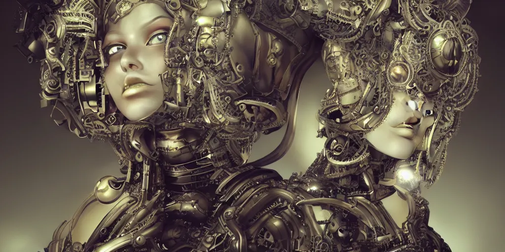 Prompt: portrait of a Mechanical girl, ornamental, photorealism, wide angle, cinematic atmosphere, elaborate, highly detailed, ornate, shiny, dramatic lighting, octane render, digital illustration by William Mortensen,-H 1024