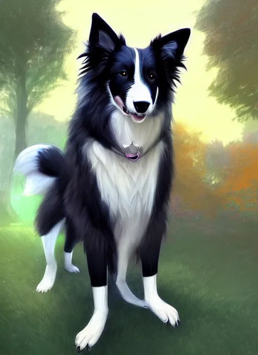 Prompt: full body digital painting of a cute male anthropomorphic border collie fursona wearing a jacket in front of a park, furaffinity, scenic background, intricate, elegant, beautiful, fantasy, highly detailed, trending on artstation, art by charlie bowater, henry asencio, and ross tran